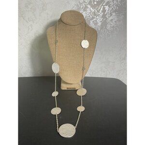 Long Silver-Toned Chain Necklace With Large Round Hammered Discs